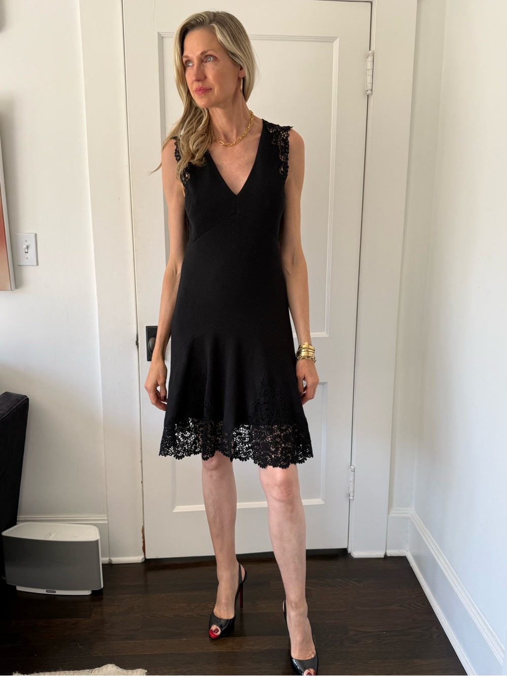 Rebecca Taylor Black V-Neck Lace-Trim Sleeveless Mini Dress